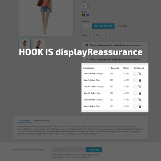 Display product combinations in a table