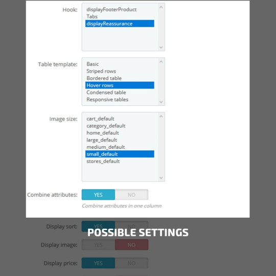 Display product combinations in a table