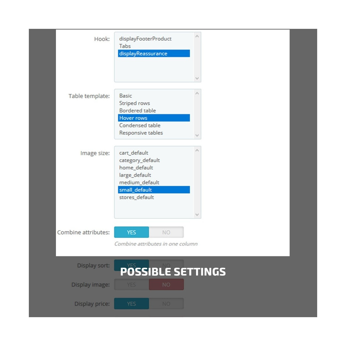 Display product combinations in a table