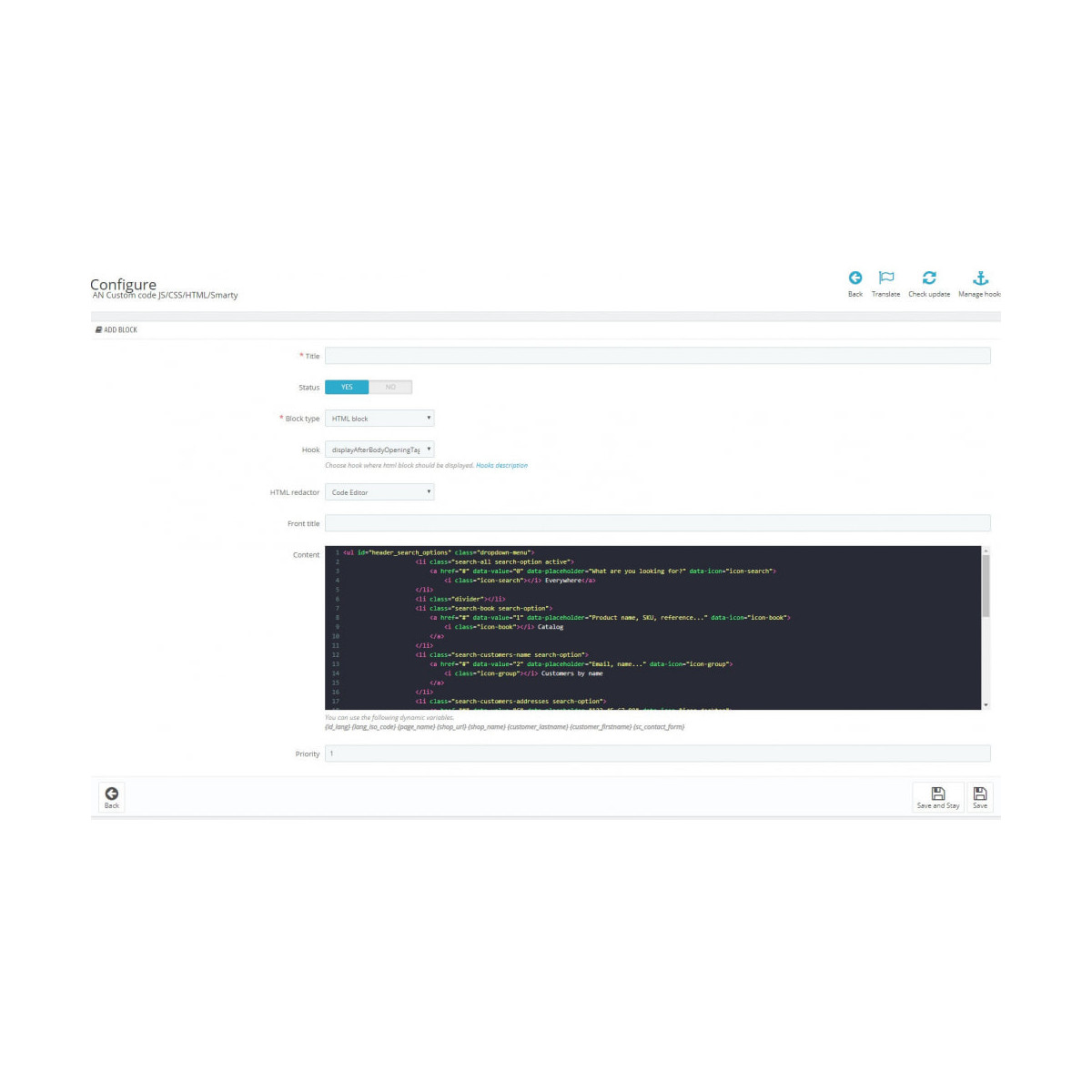 Custom code JS/CSS/HTML/Smarty