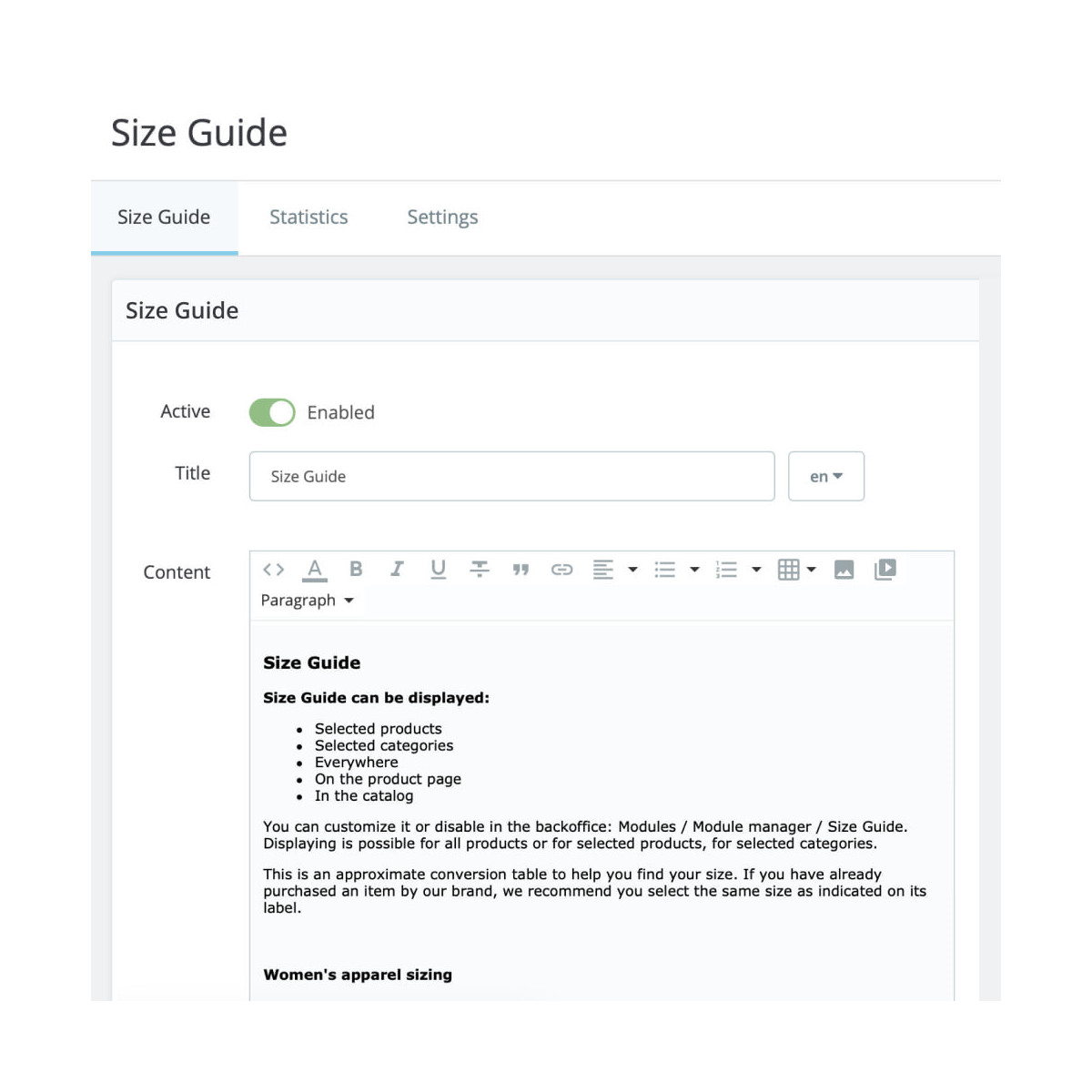 Size Guide Pro: show by product, category, brand