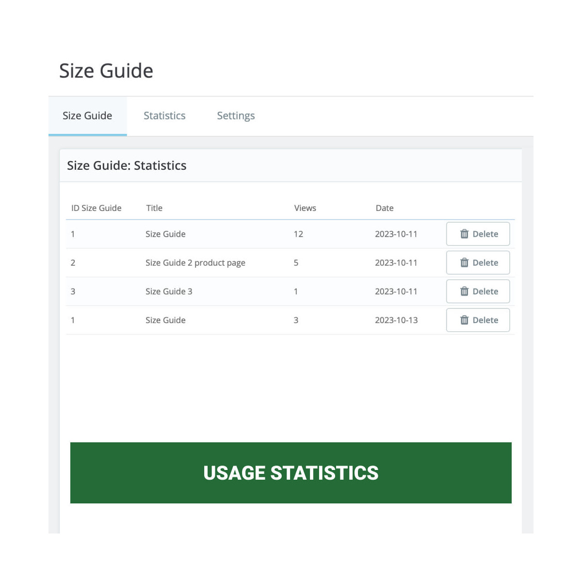 Size Guide Pro: show by product, category, brand